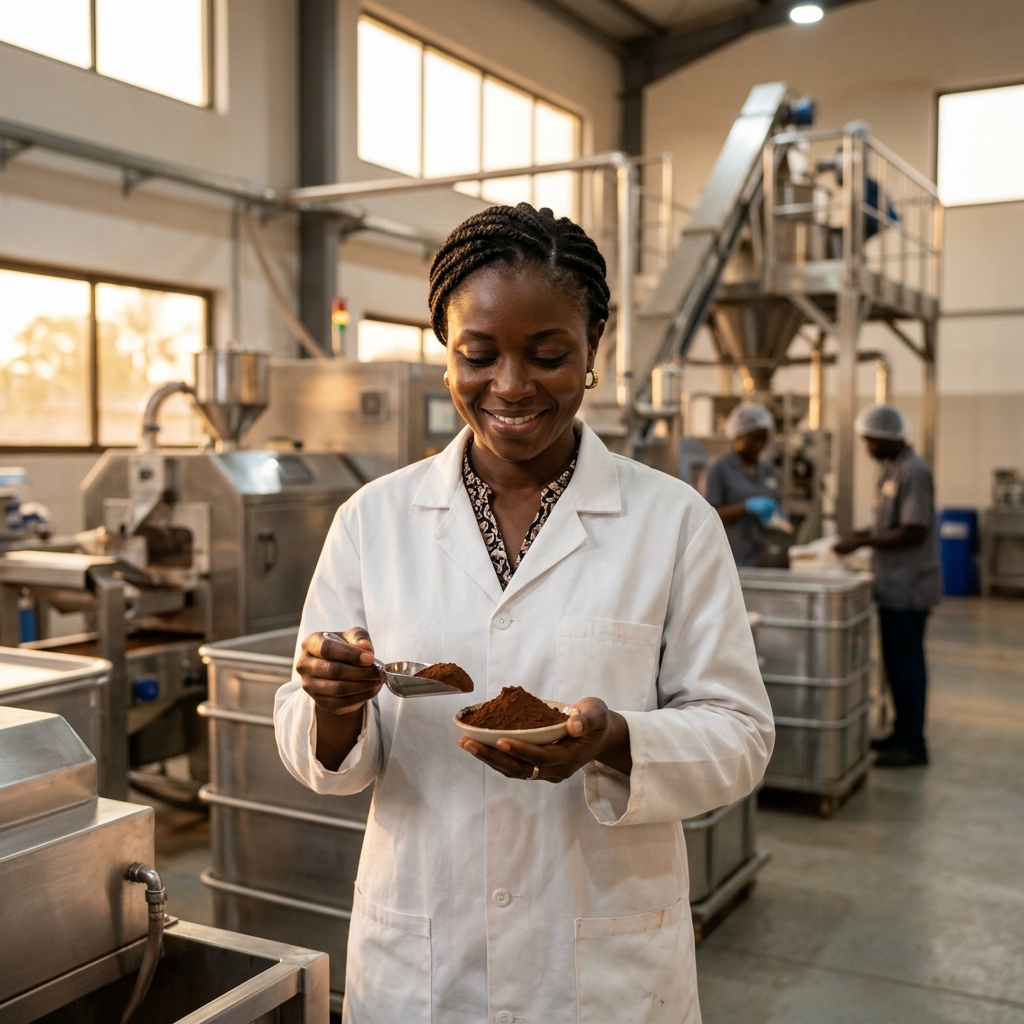 Professionnelle africaine contrôlant la qualité de la poudre de cacao dans un laboratoire moderne