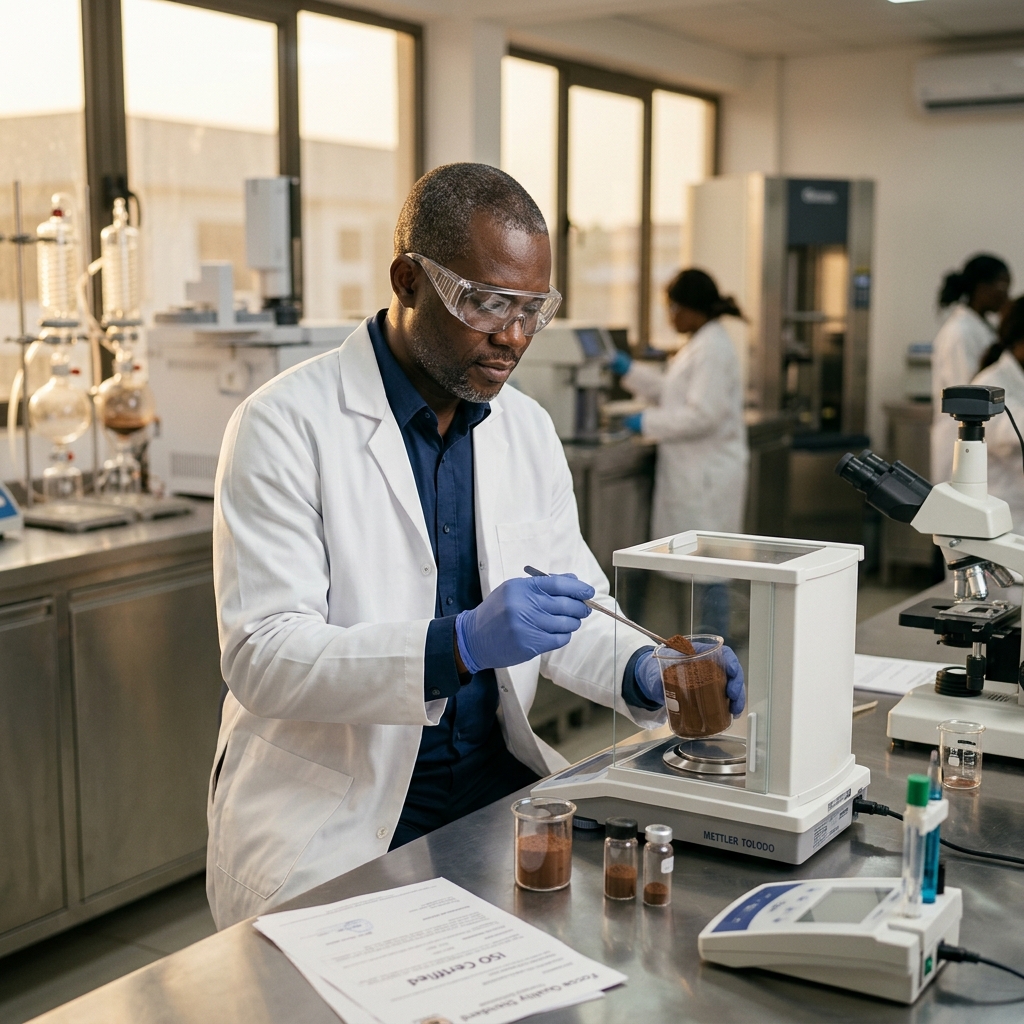 Scientifique africain analysant la poudre de cacao dans un laboratoire